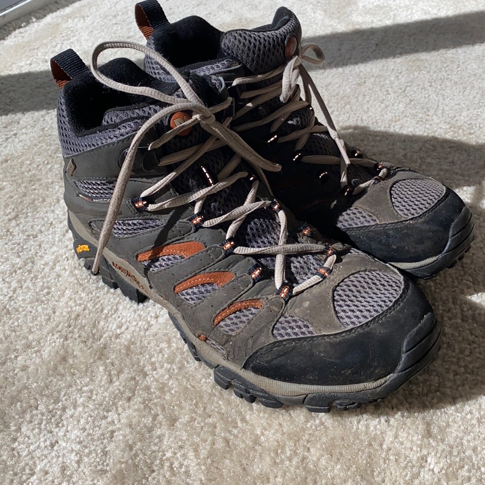 Mens Merrell Vibram Hiking/Work Boots Gray, Black, and Orange in Fair Condition